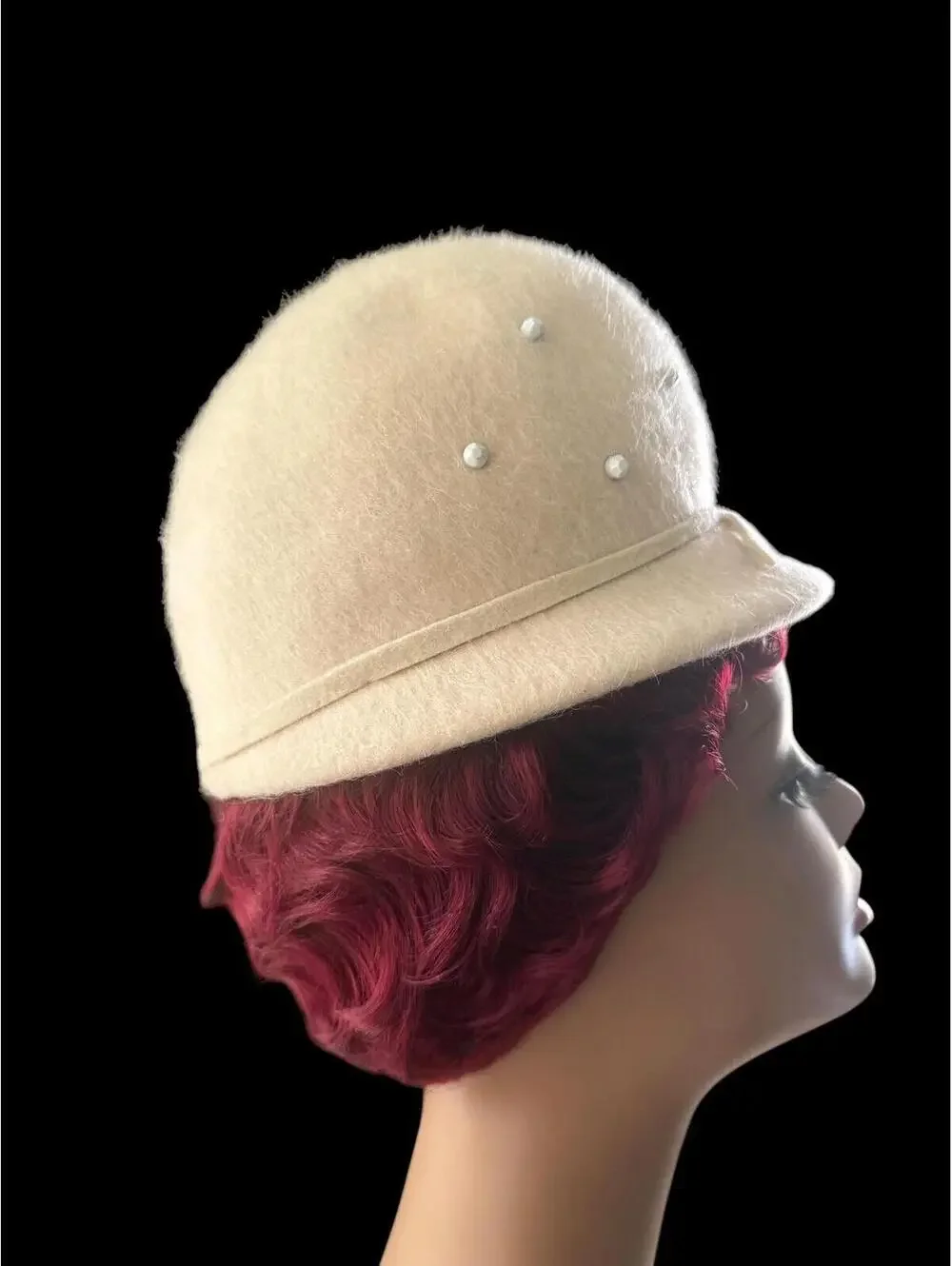 60s 70s Beaded Cloche, Cream Mohair and Wool, Vintage Hats for Women, Mod